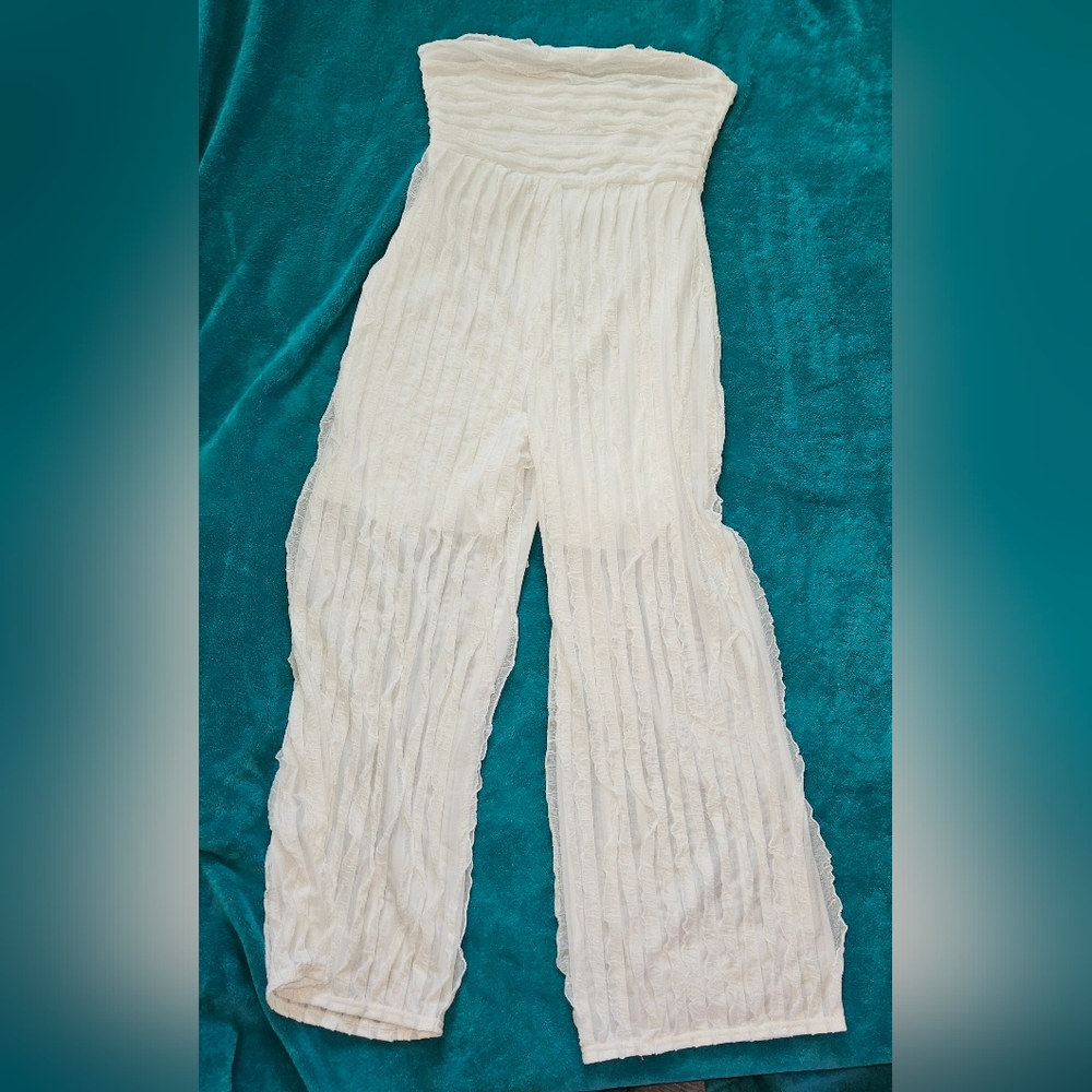 White Crinkled Wide Leg Pantsuit That Turns Into Shorts Under The Sheer Pant.